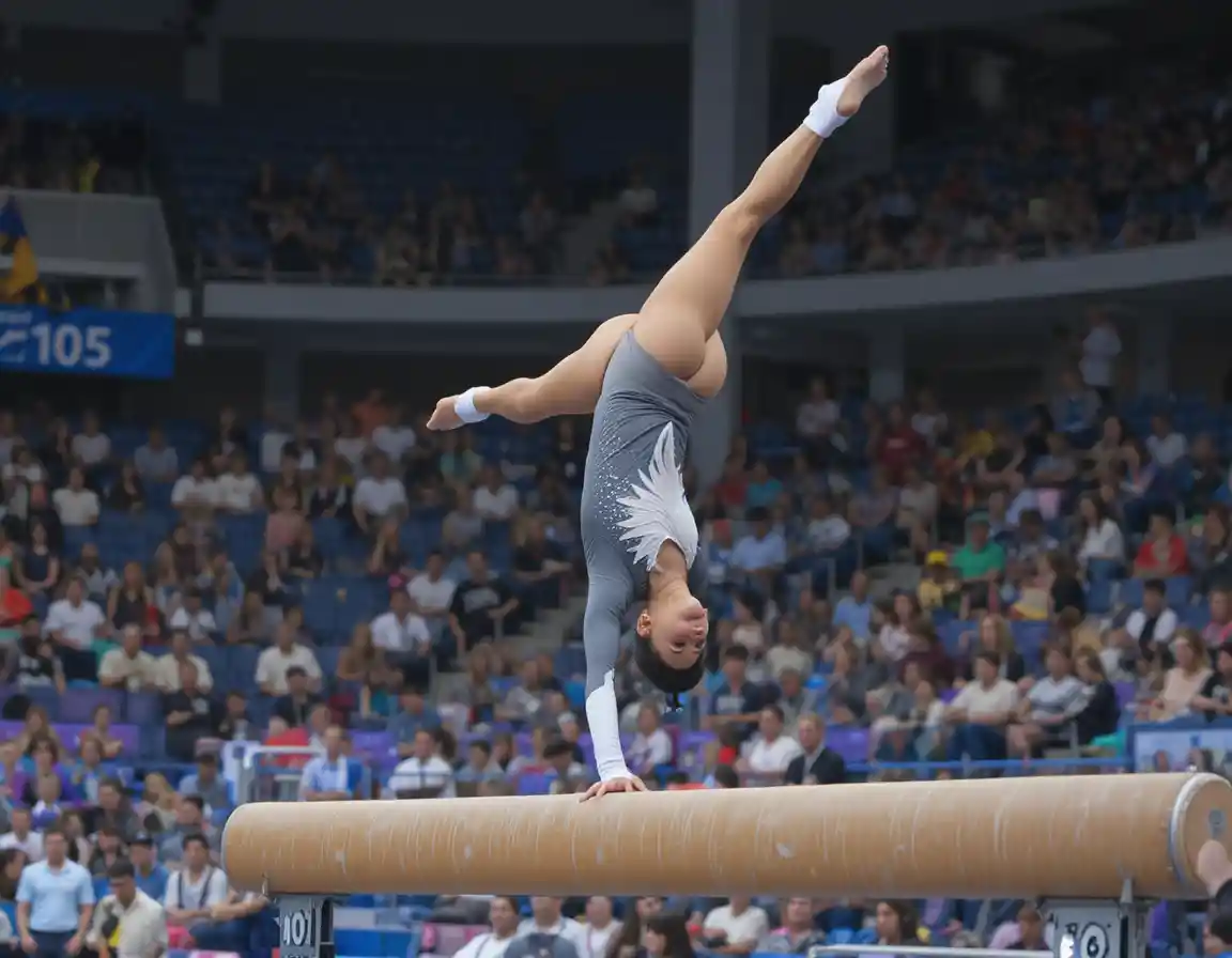 Female gymnast in mid back handspring at indoor competition