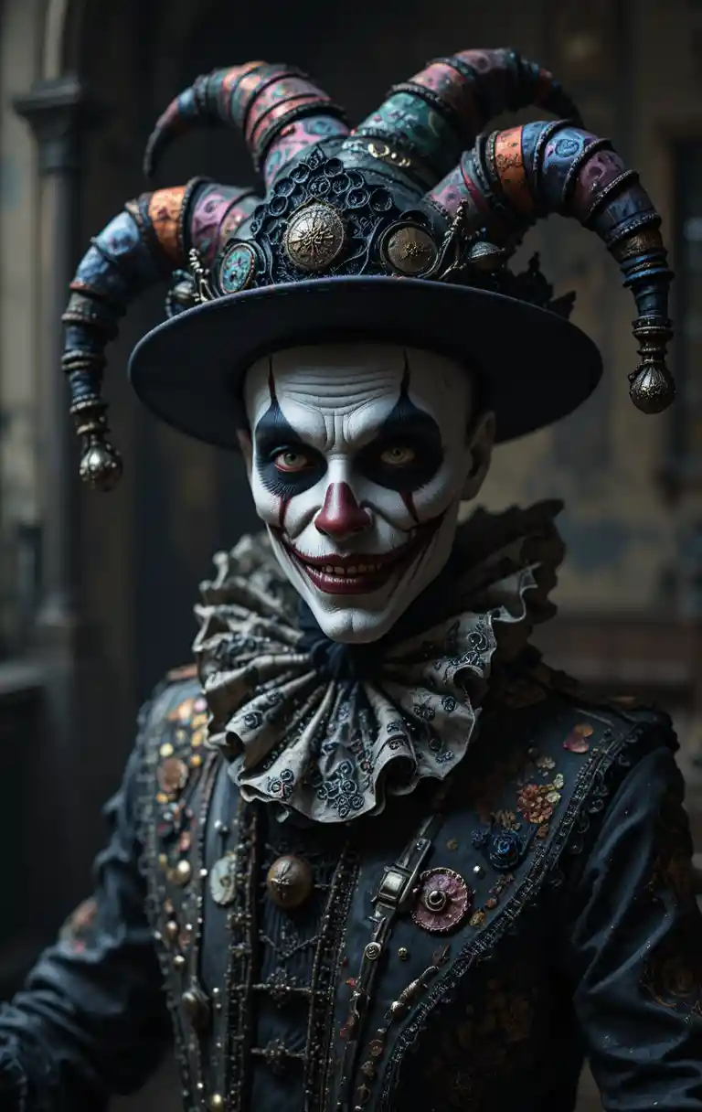 Creepy clown jester in gothic costume with blurred background