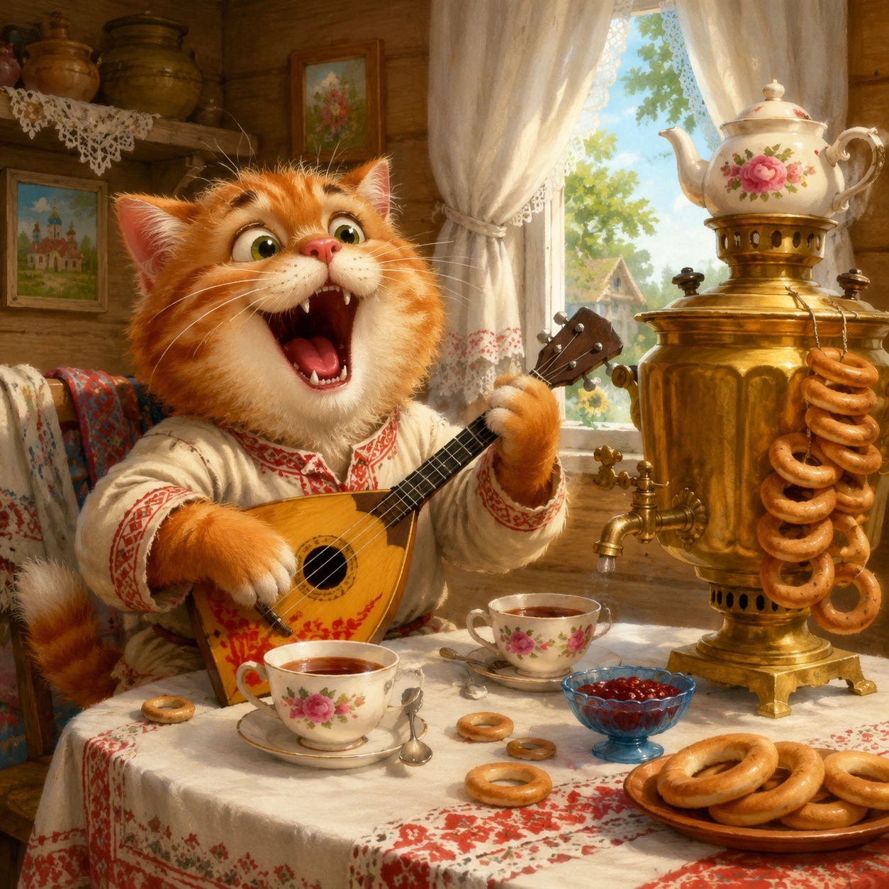 Gato caricaturesco alegre tocando balalaica en cabaña rústica