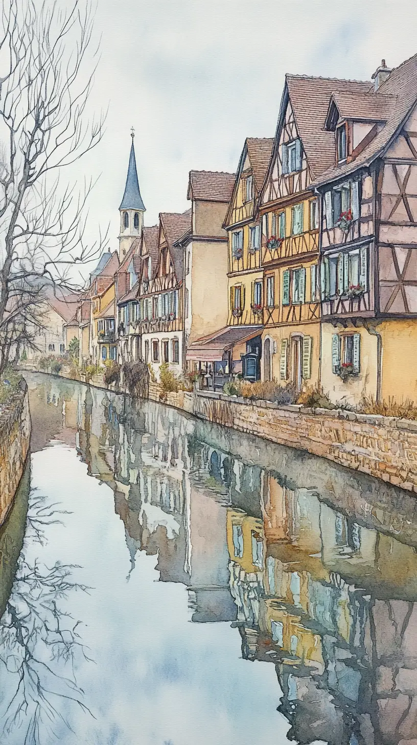 Panoramic riverside view of a quaint European town
