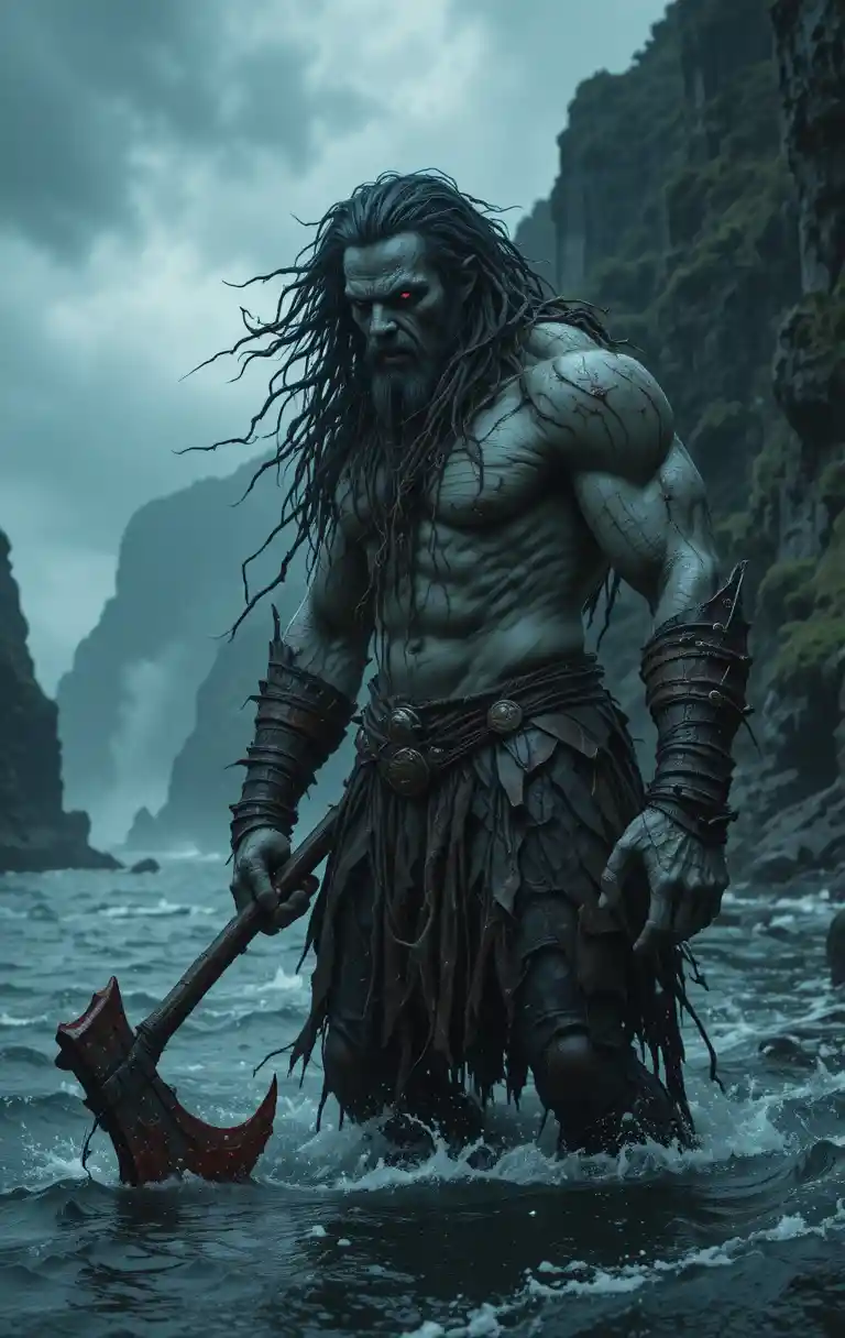Ancient scarred warrior in a stormy sea with bloody axe