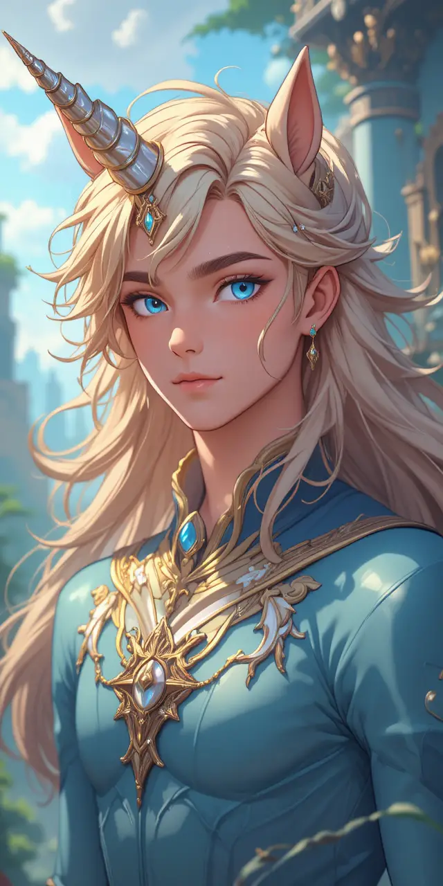 Young fantasy boy with unicorn and nymph heritage in anime