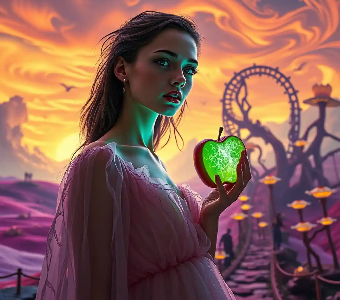 Young woman over a surreal candy colored fantasy landscape