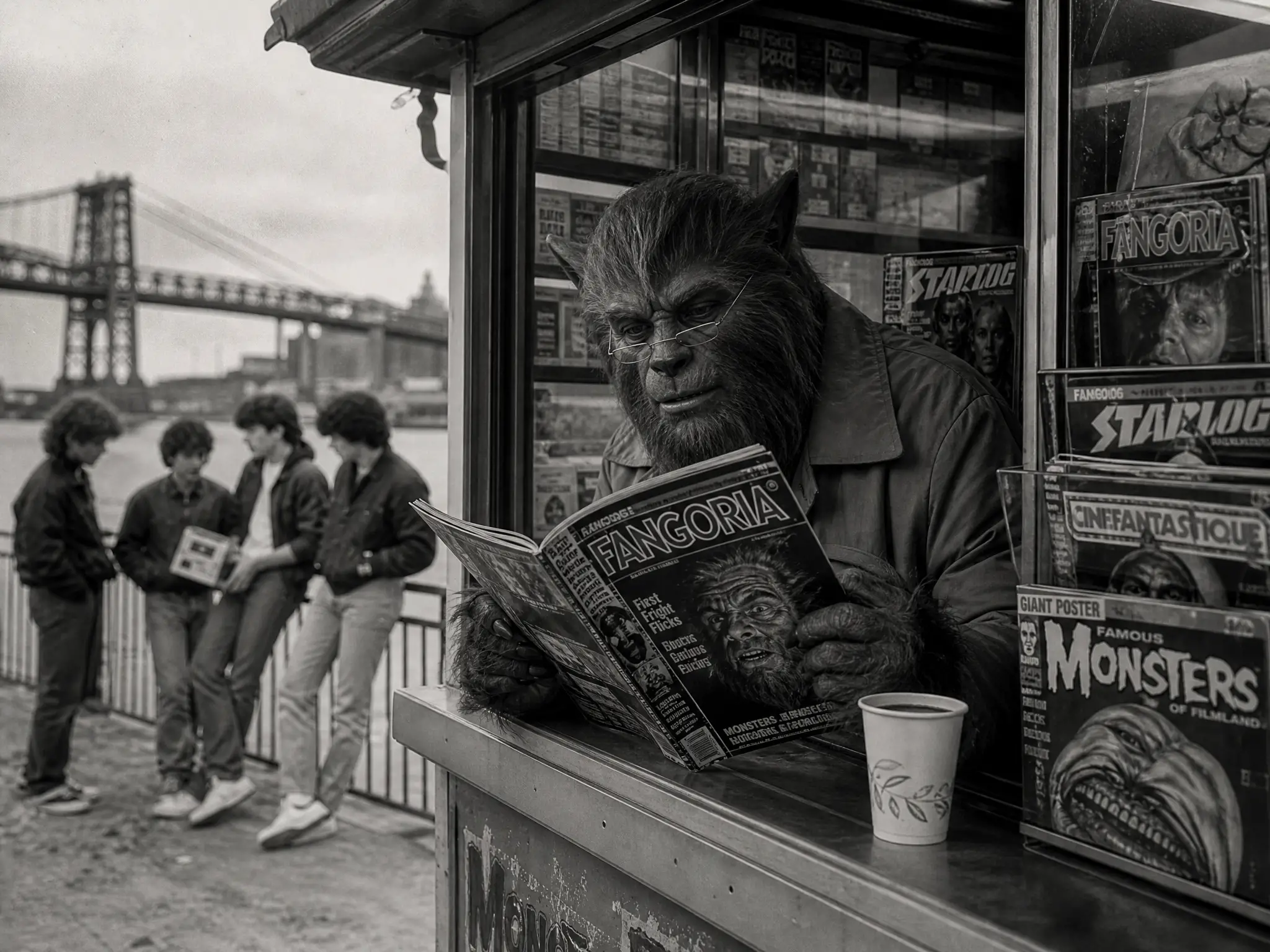 Older werewolf reading magazines in a street kiosk window
