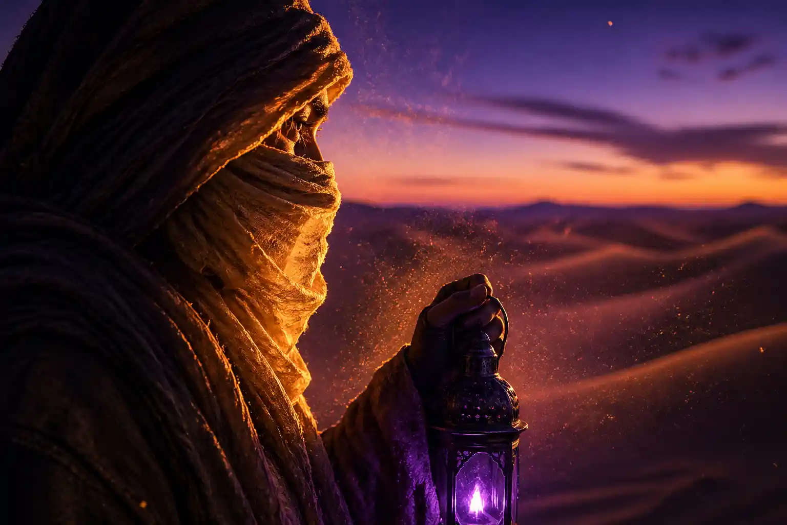 Nomad in lantern light at dusk among distant sand dunes
