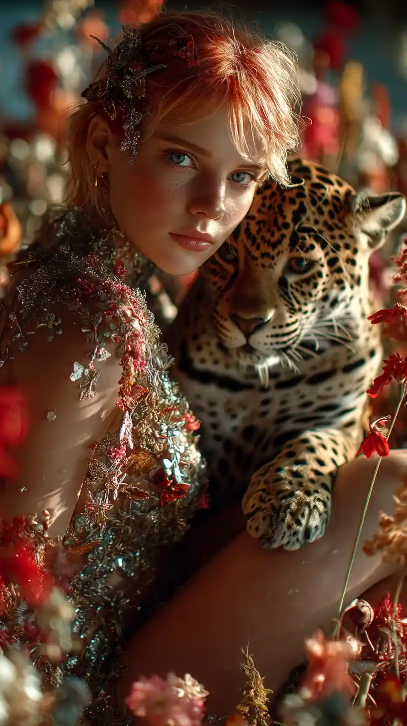 Red haired woman with jaguar in sunset flower field