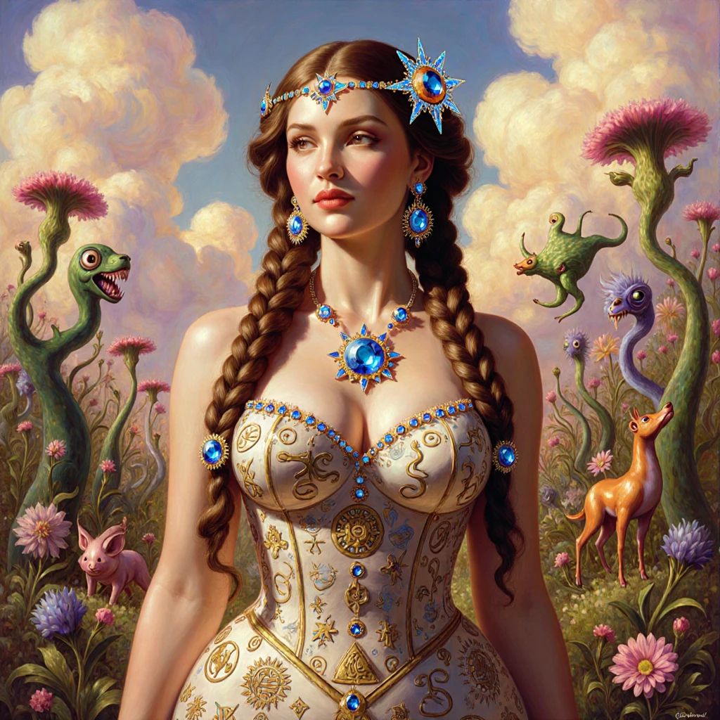 Mulher mística com tranças adornadas de joias em um jardim de fantasia surreal