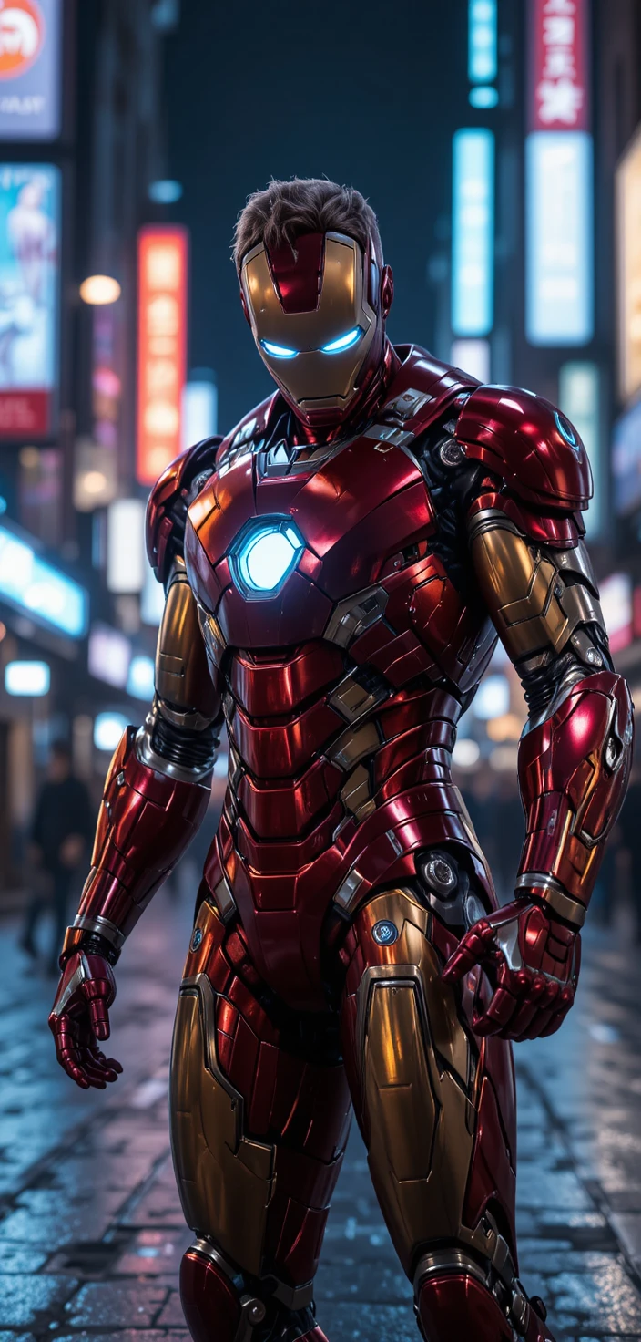 Armored superhero standing in glowing city street at night