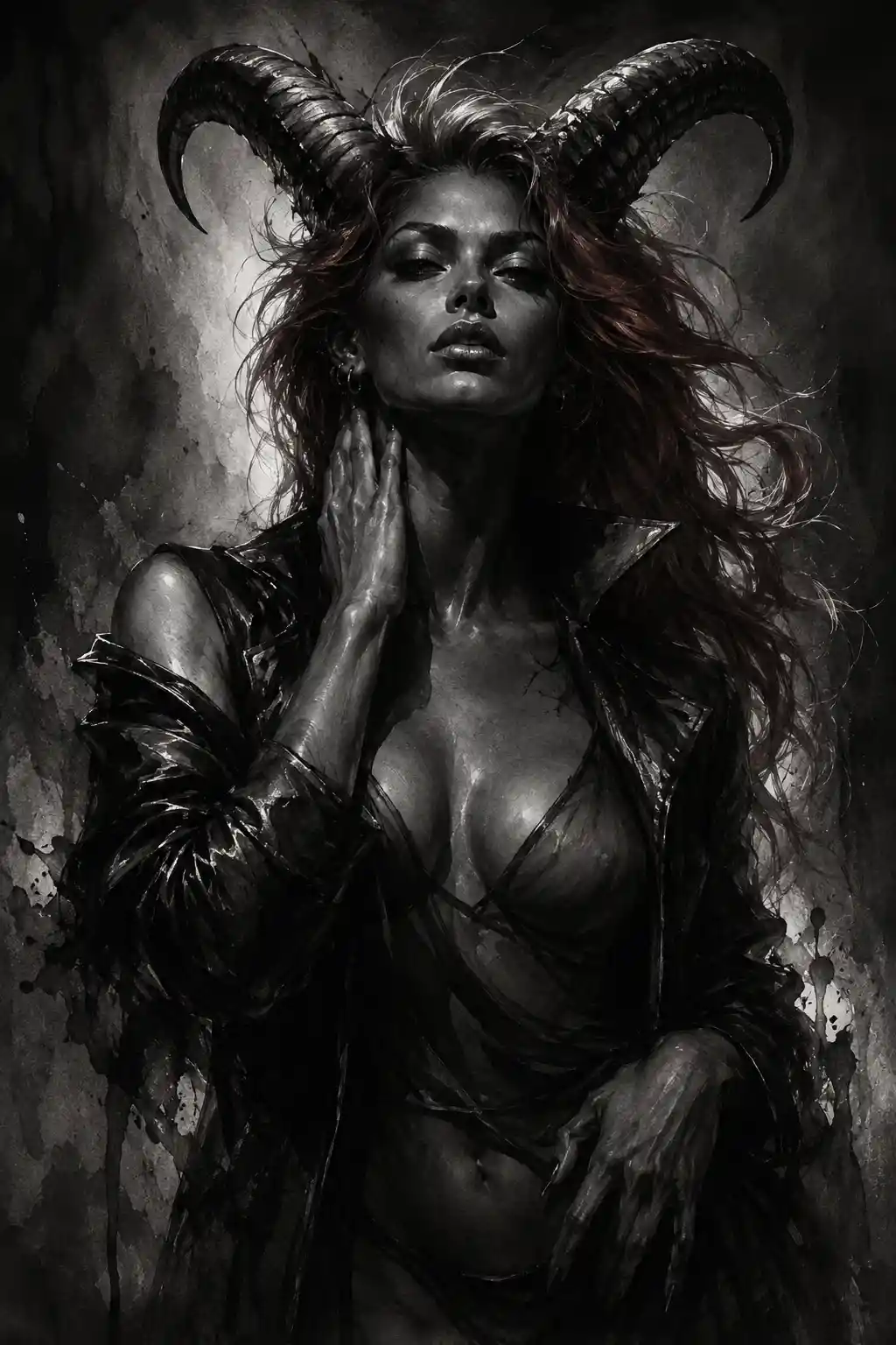 Demonic woman portrait in dramatic chiaroscuro studio lighting