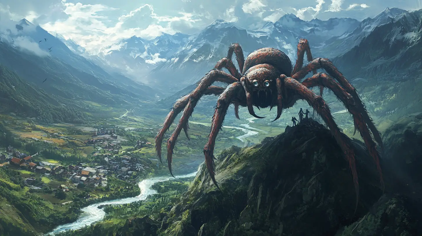 Ragno gigante su trono d’ossidiana sopra una valle montana