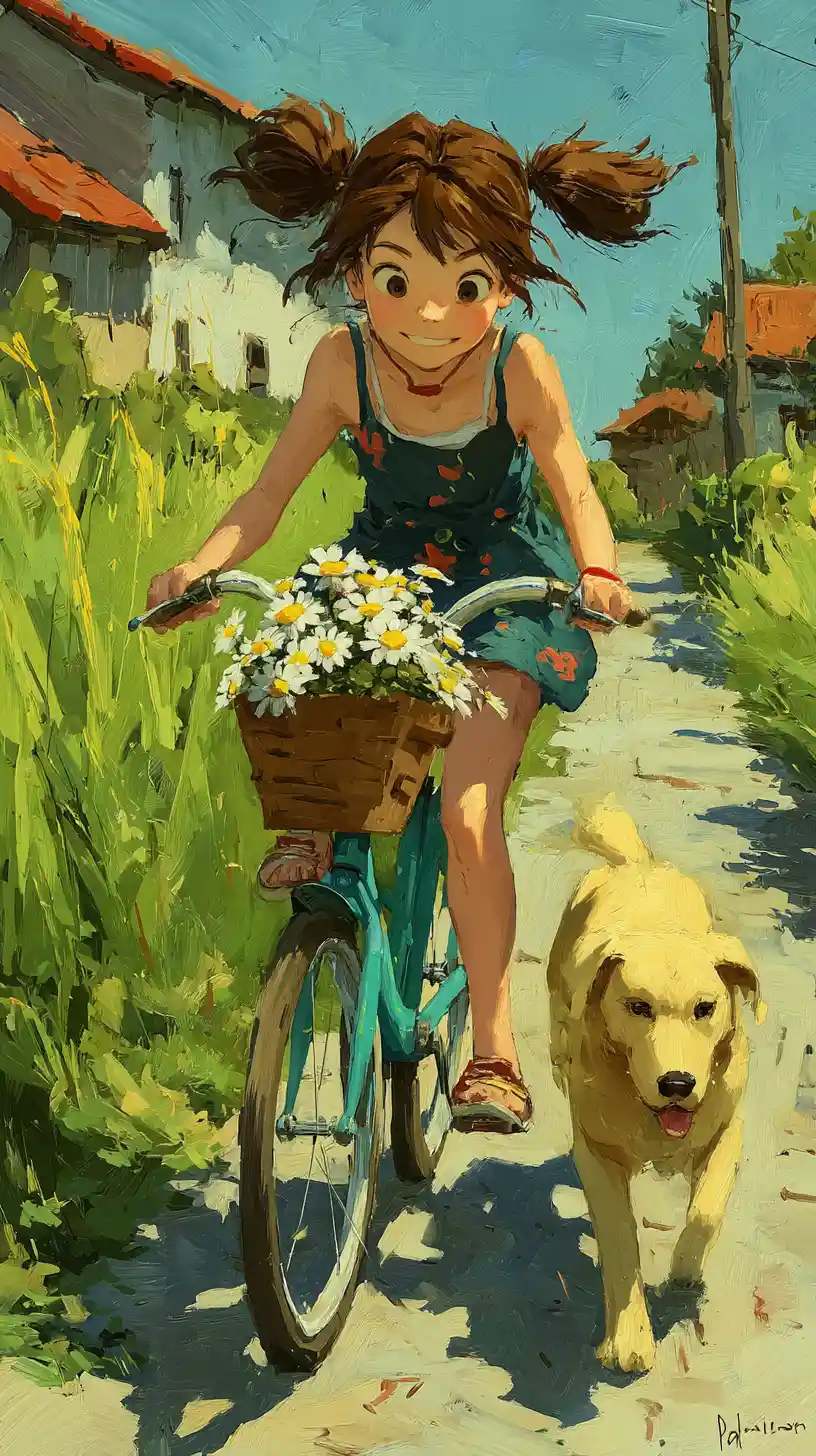 Little girl cycling with a dog on a sunny country road