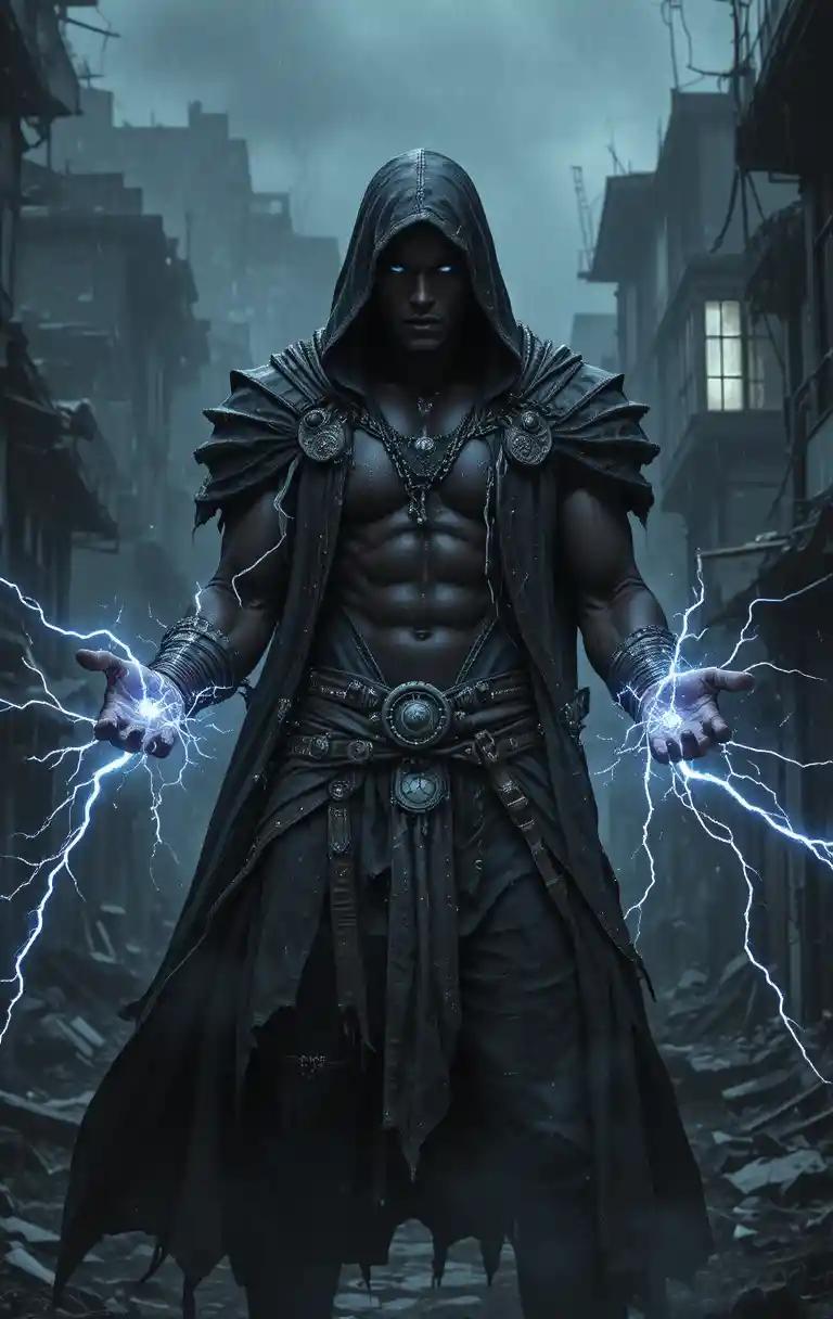 Electric warrior in a ruined dark city street
