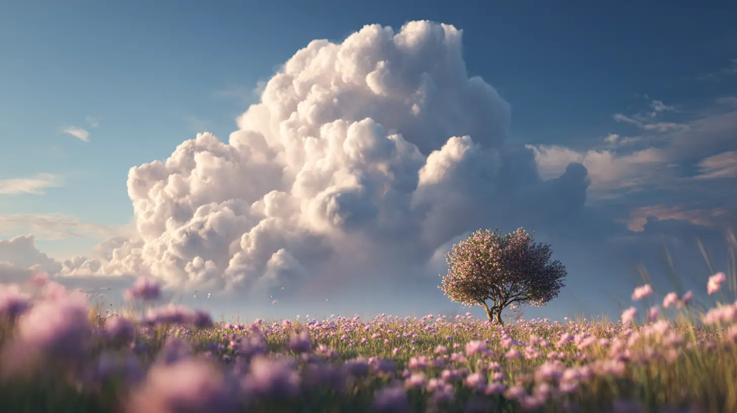 Lone tree in pink wildflower meadow under towering clouds