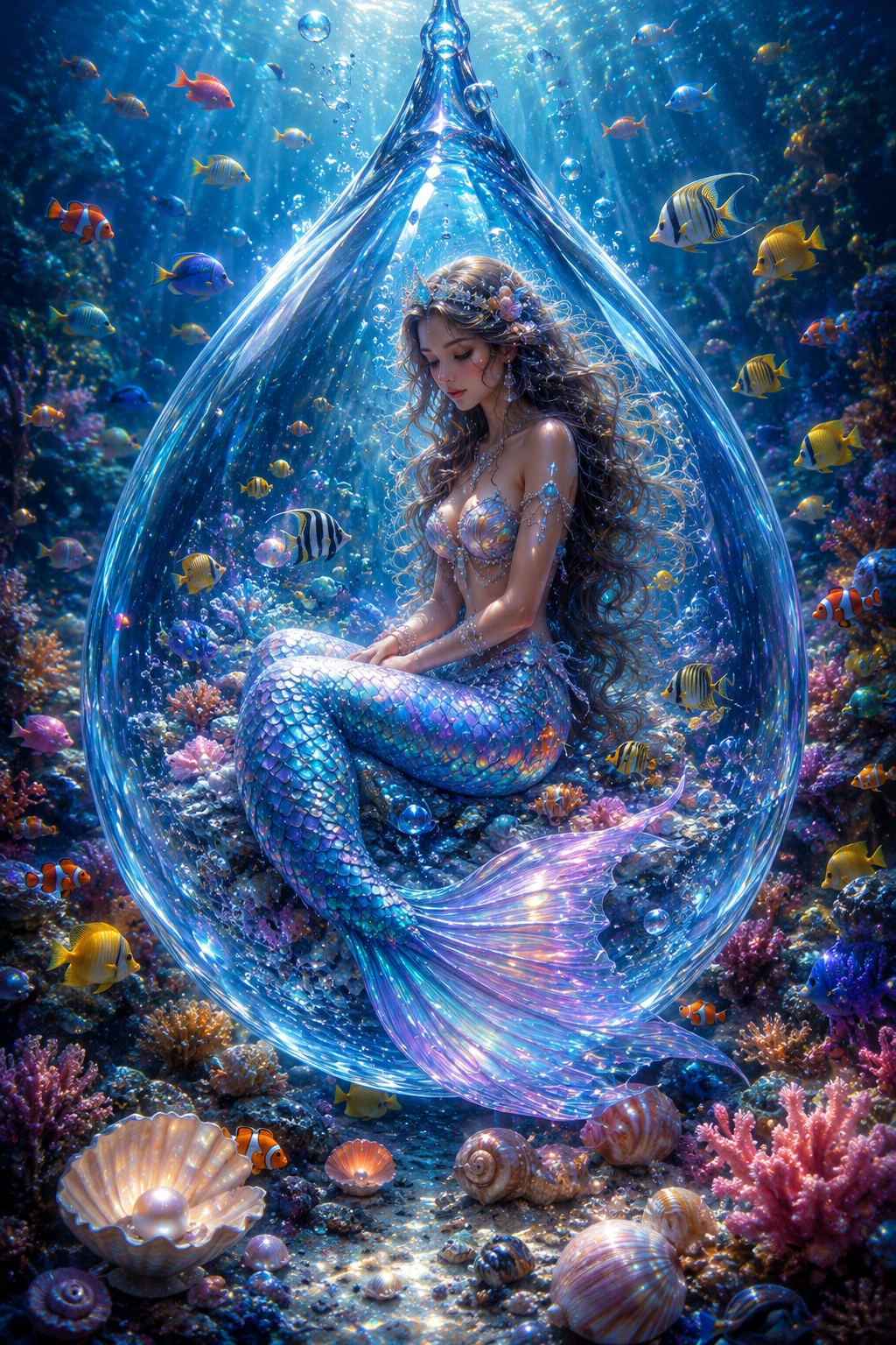 Serene mermaid resting inside a glistening ocean droplet