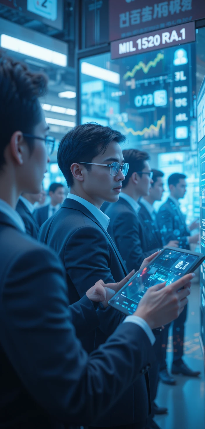 Entrepreneurs Using Futuristic AI Holographic Screens In Modern Office