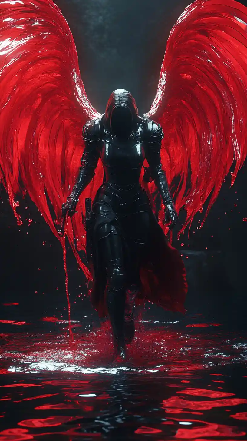 Dark female inquisitor with red liquid angel wings