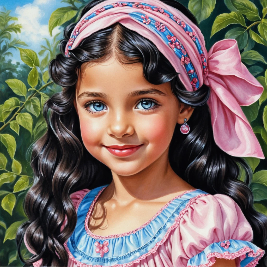 Smiling blue eyed girl in pink summer dress illustration