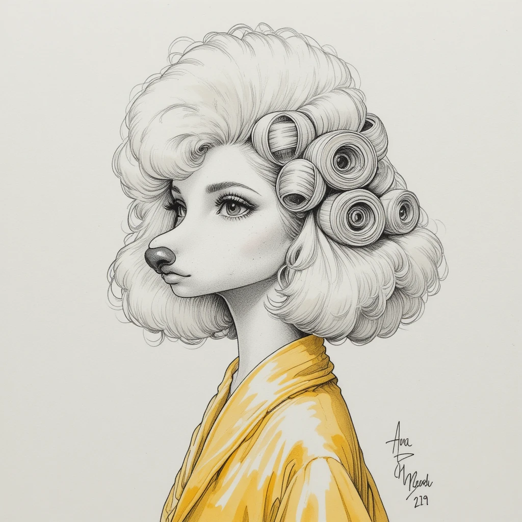 White poodle in yellow bathrobe with salon hair curlers