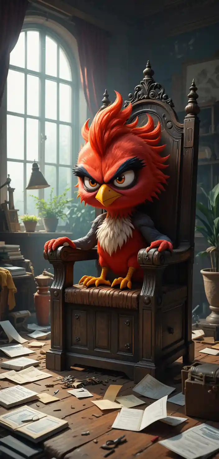 Fiery cartoon bird ruling from a worn wooden throne