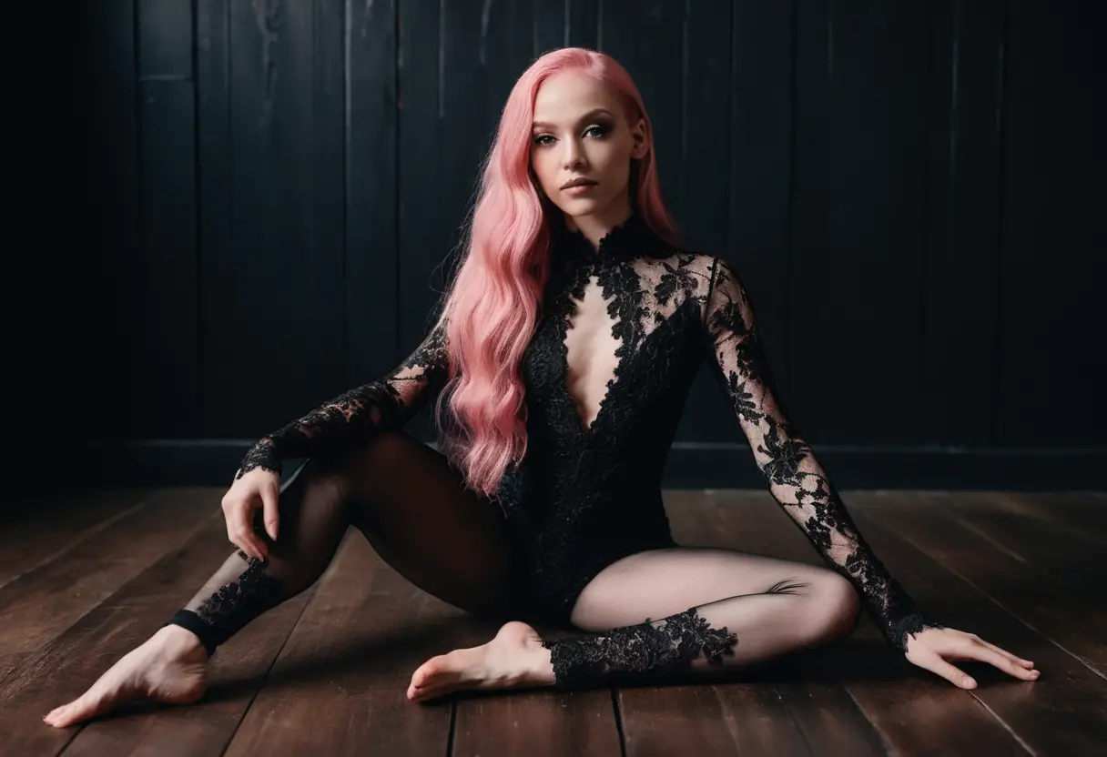 Woman in wide split pose on dark wooden floor