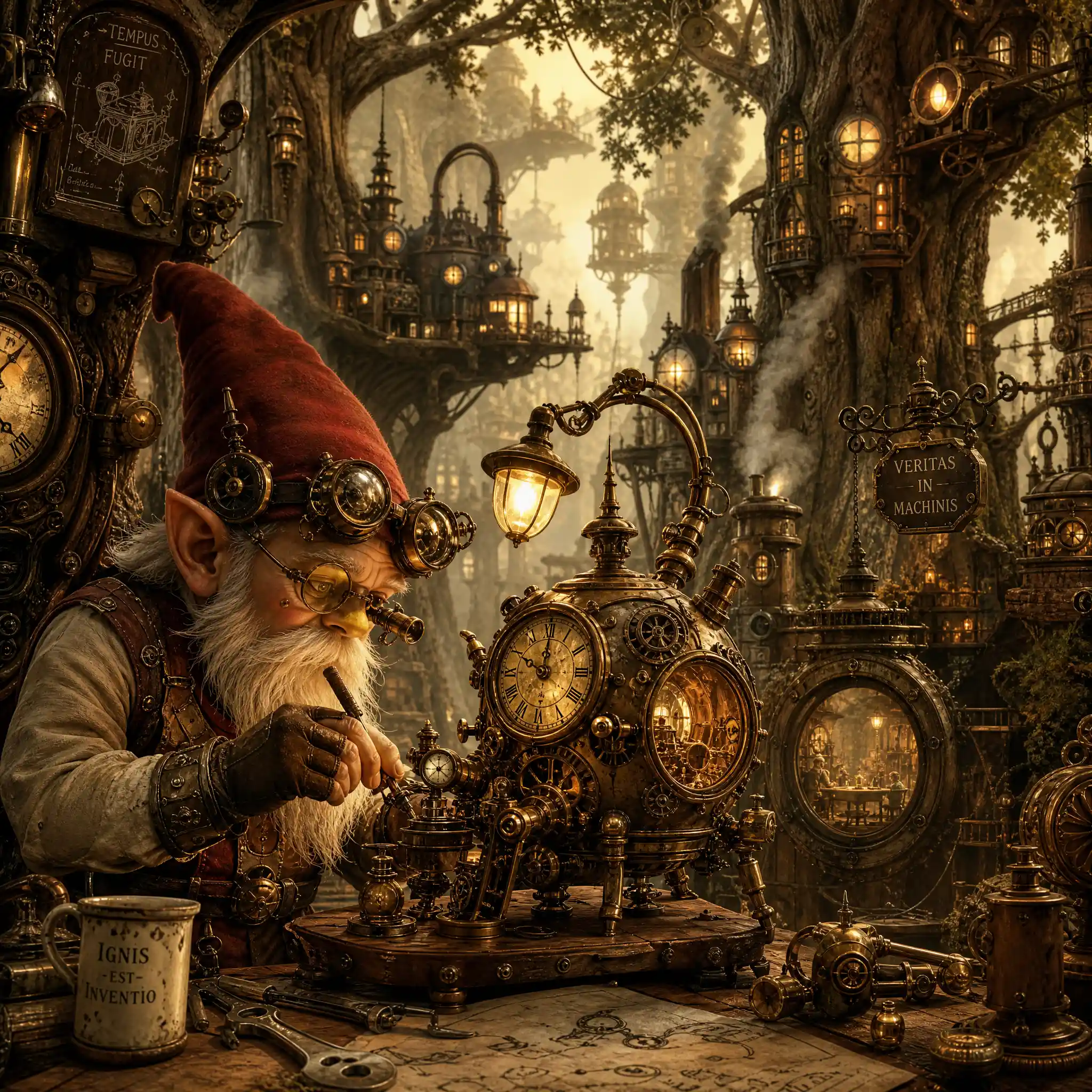 Gnome Inventor With Clockwork Machine In Steampunk City