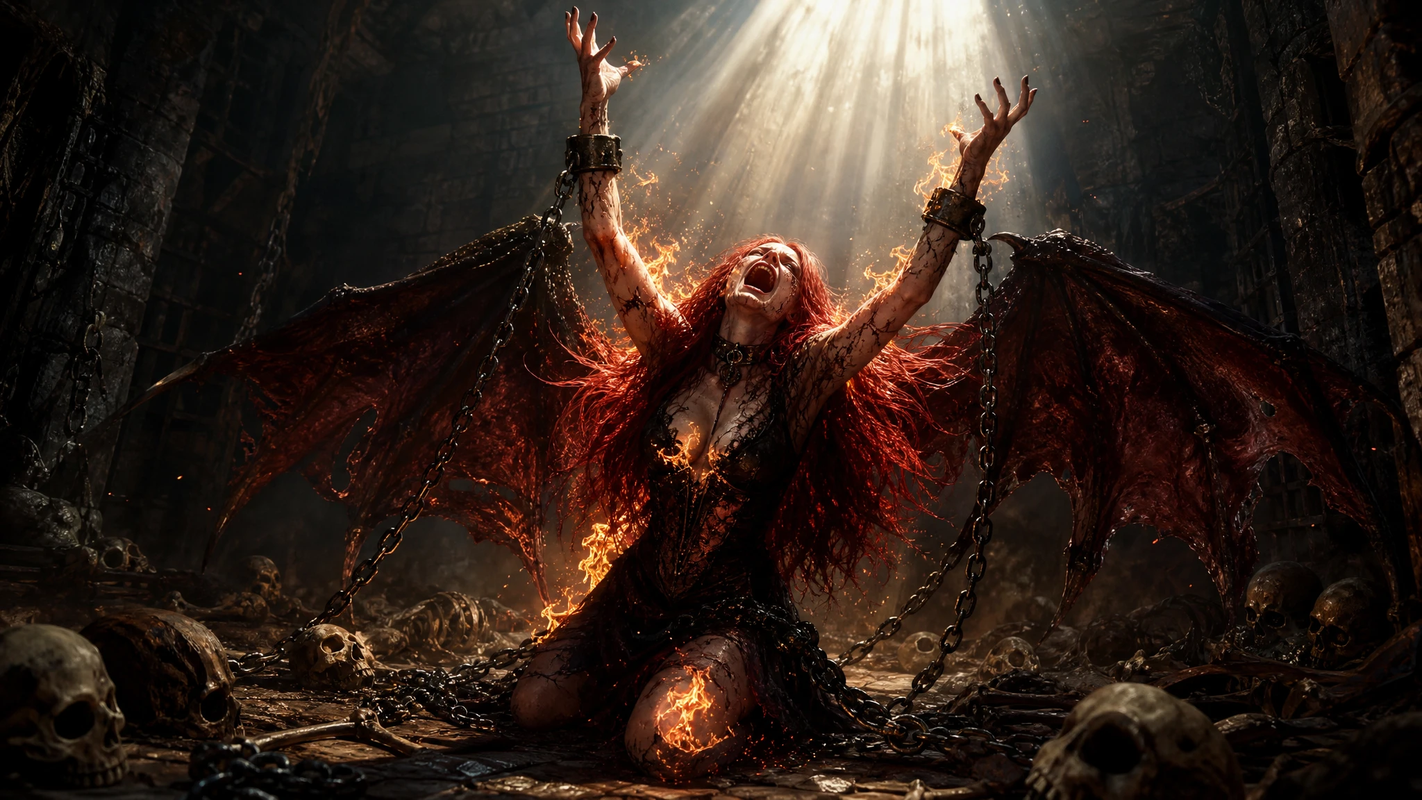 Gothic vampire woman burning in sunlight in a dungeon
