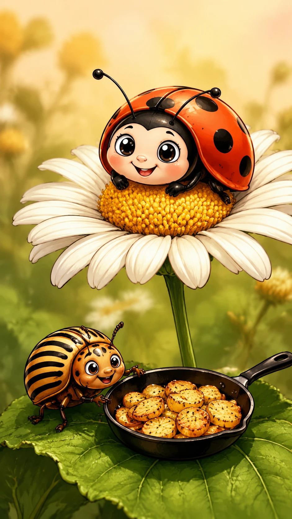 Cute ladybug peeking from shell on white daisy flower