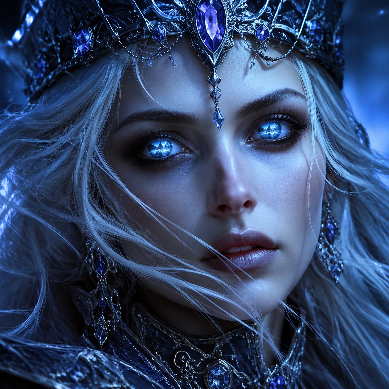 Mystical crystal oracle portrait with prophetic icy eyes