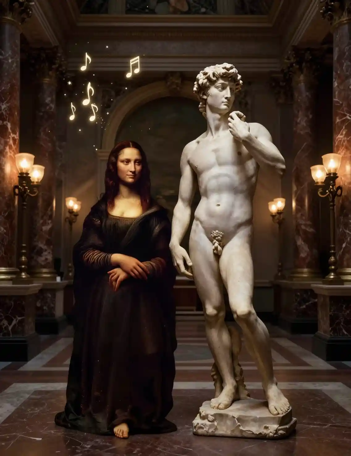 Dancing statues in a romantic museum gallery illustration