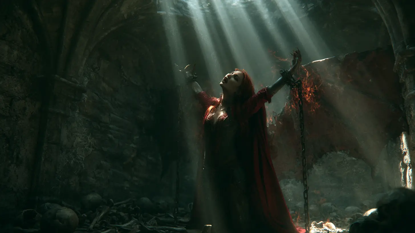 Gothic vampire woman burning in sunlight chained in dungeon
