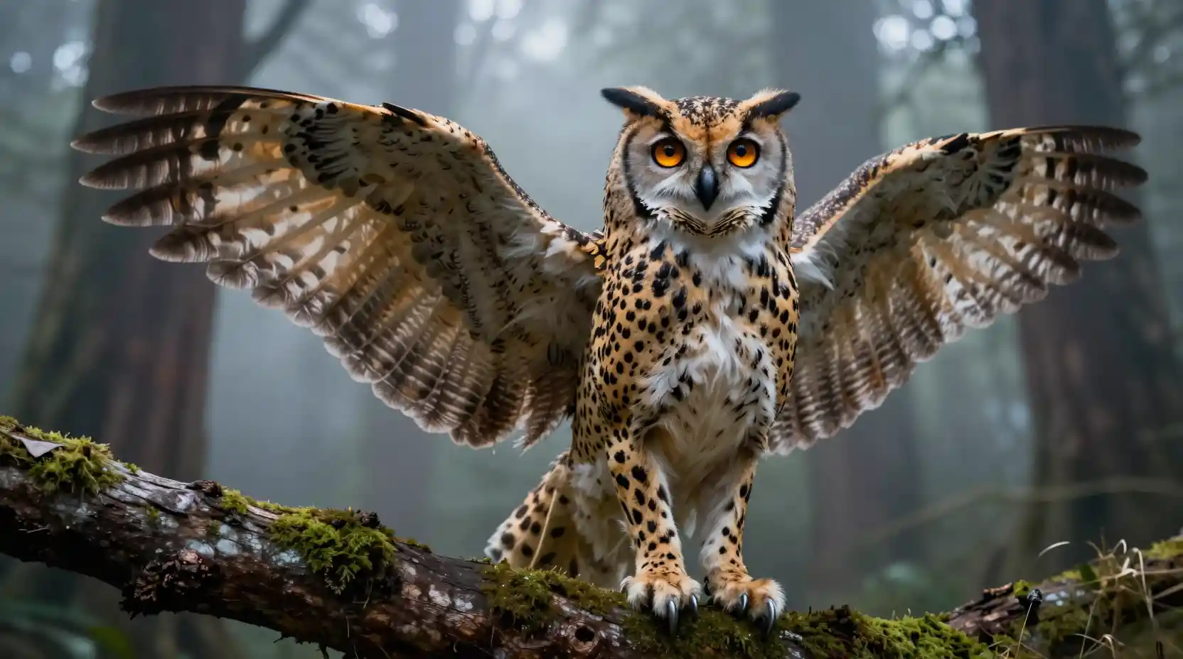 Mystical chimera perched on a branch in moonlit forest
