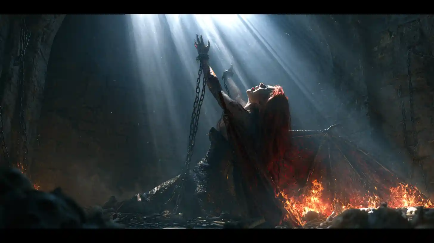 Gothic vampire woman burning in sunlight in dungeon