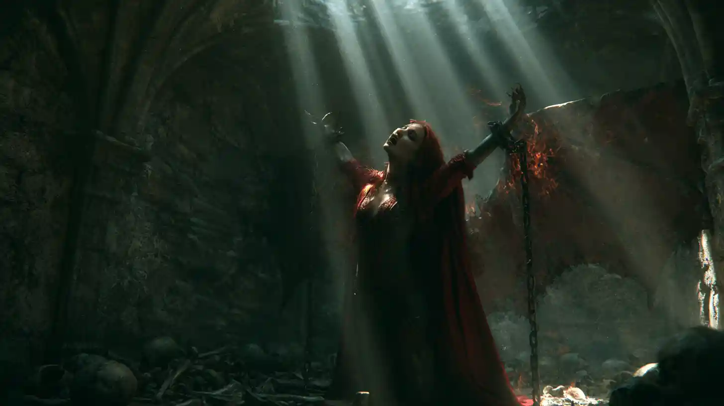 Gothic vampire woman burning in sunlight chained in dungeon