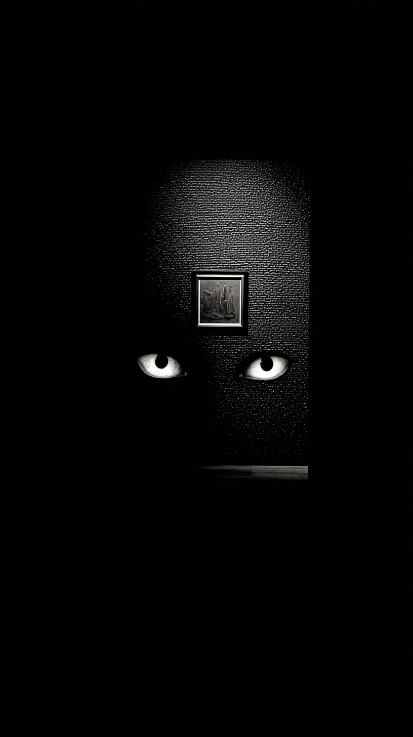 Glowing eyes suspended in dark negative space tension