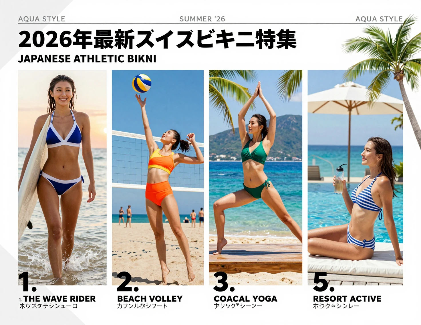 Sporty Japanese model in a surfing bikini at sunset beach