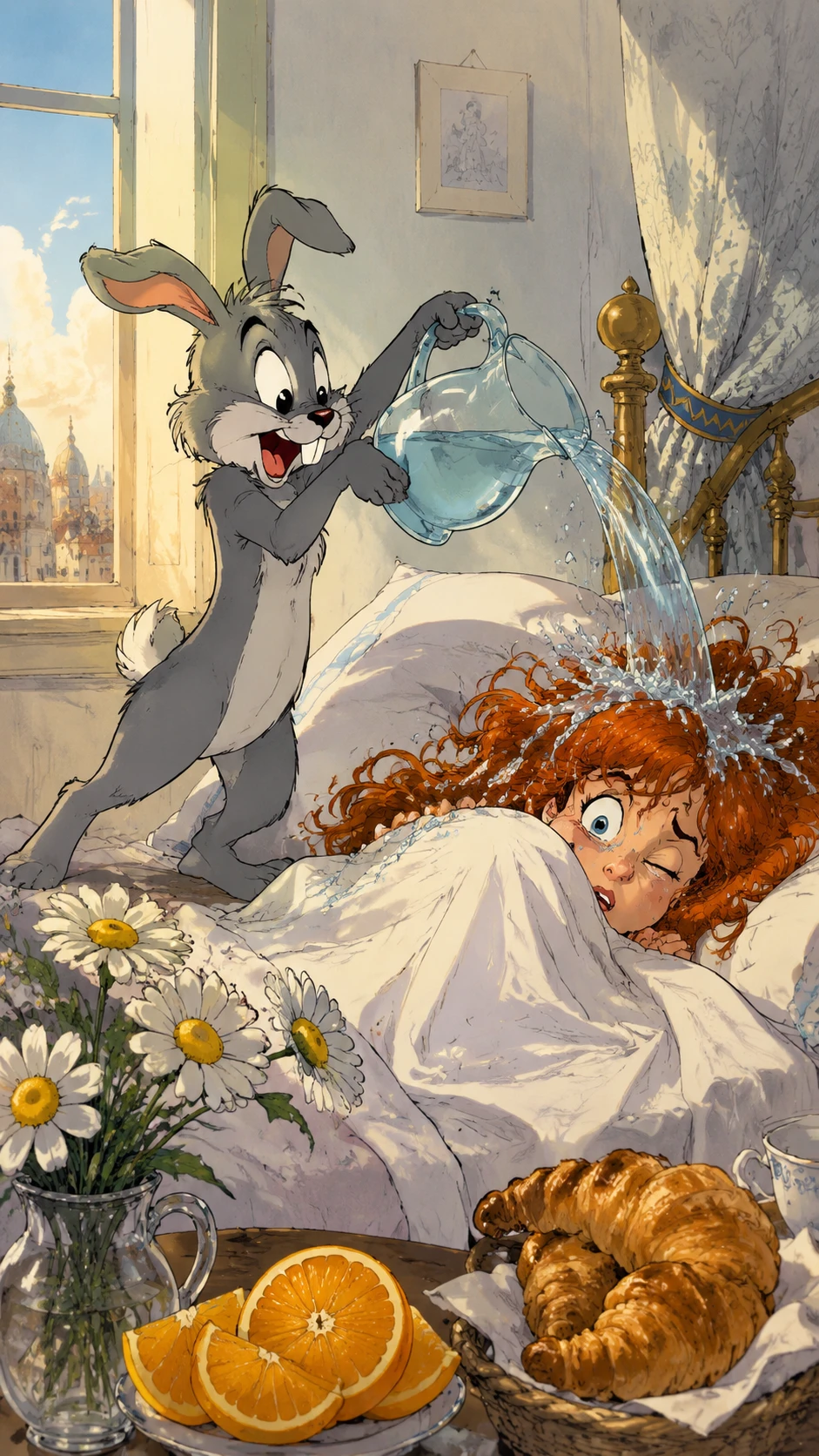 Playful rabbit pouring water on woman in bright bedroom