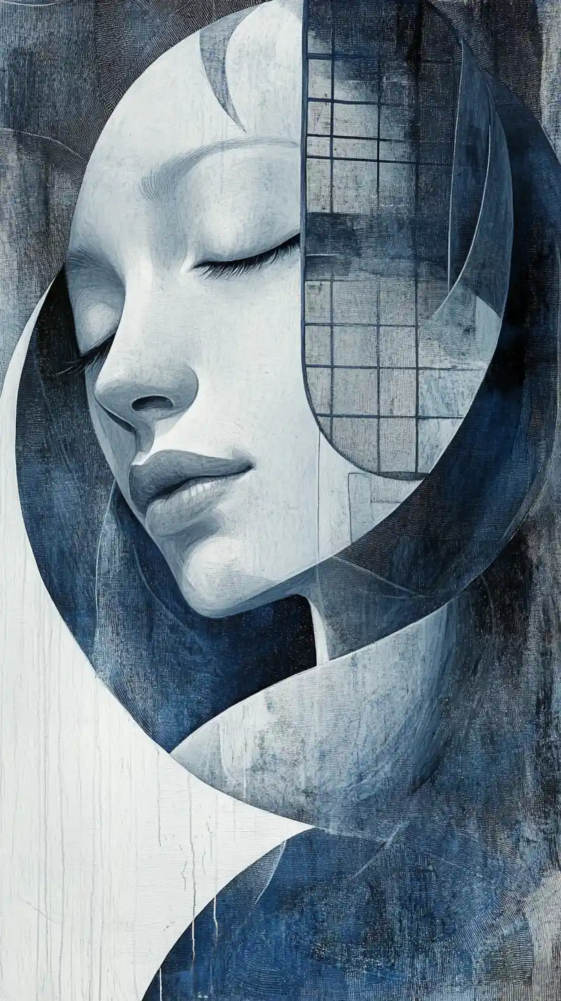 Surreal face hidden within layered abstract circular forms