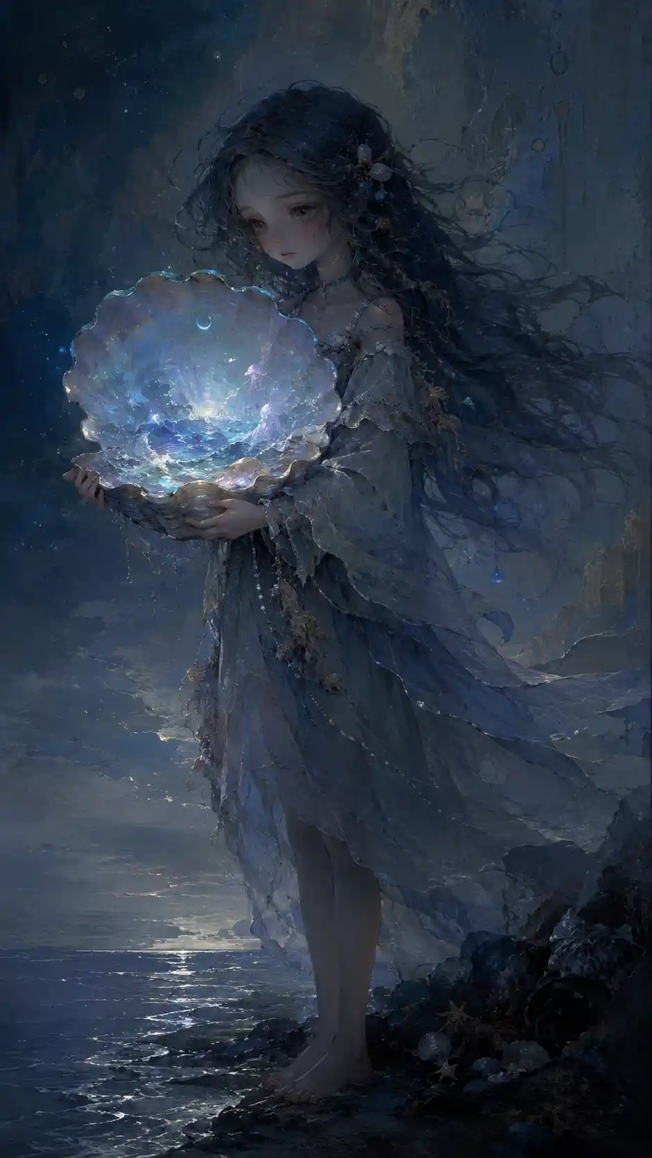 Woman Holding Glowing Shell By A Dark Dreamlike Shoreline