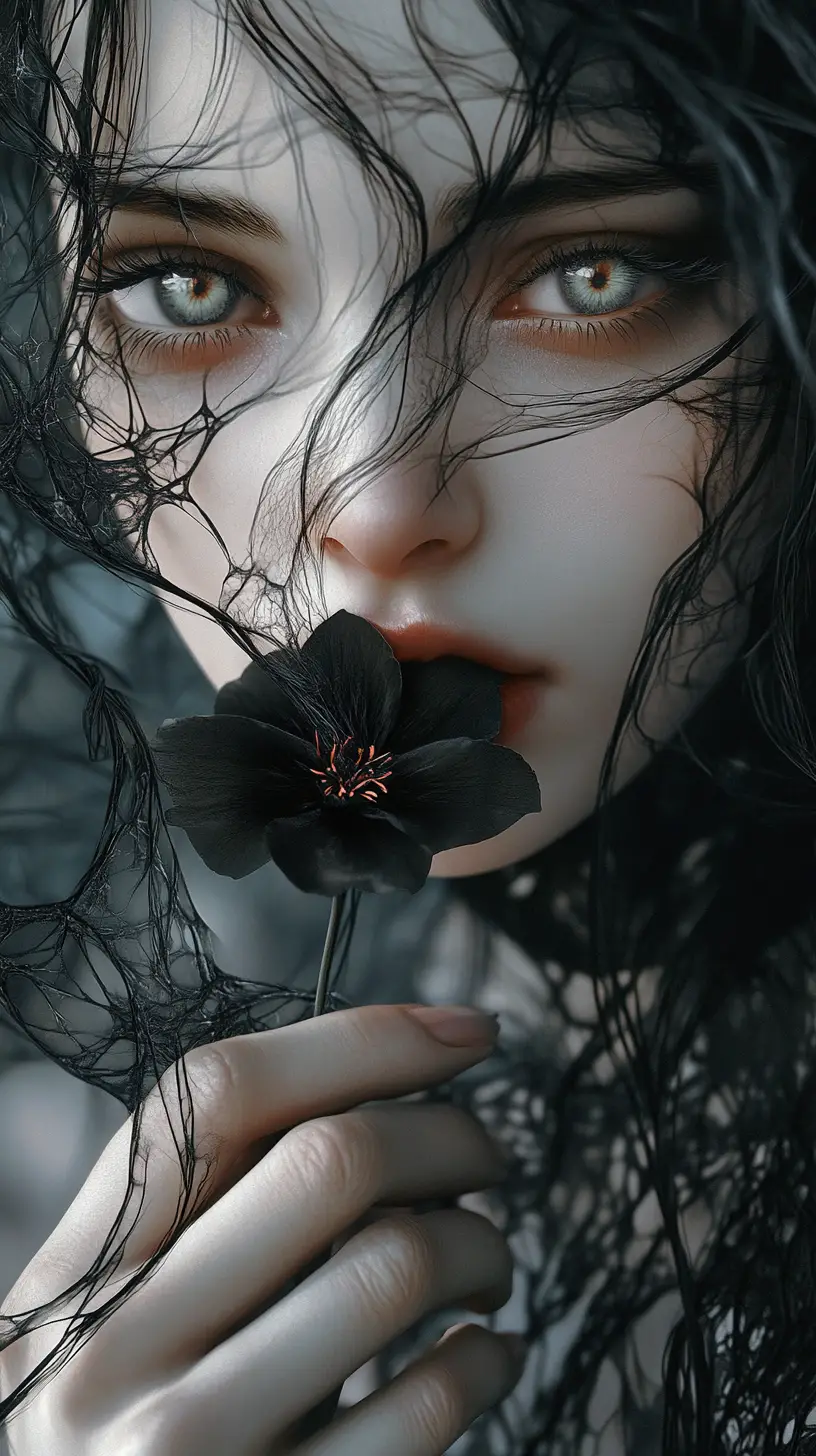 黒い花を持つ青白く儚い人物