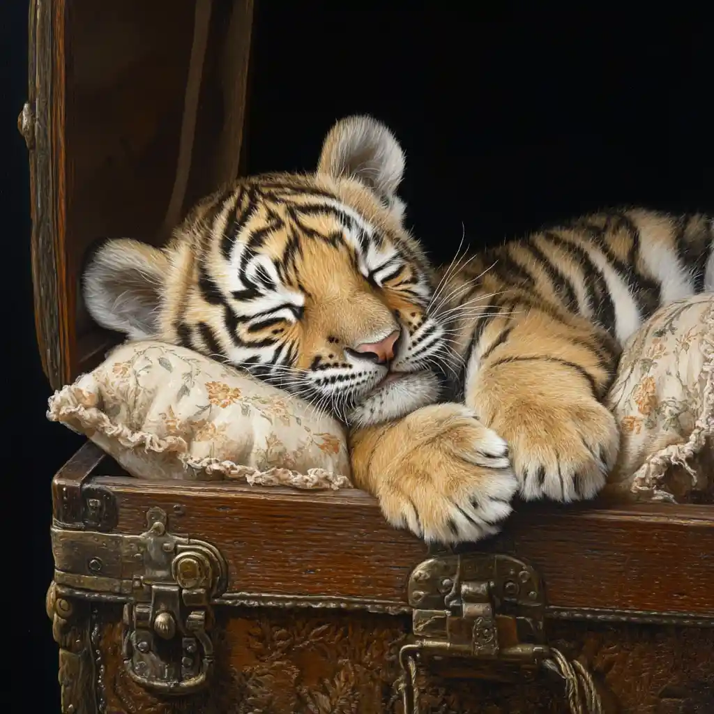 Sleeping baby tiger in a wooden trunk with soft pillow