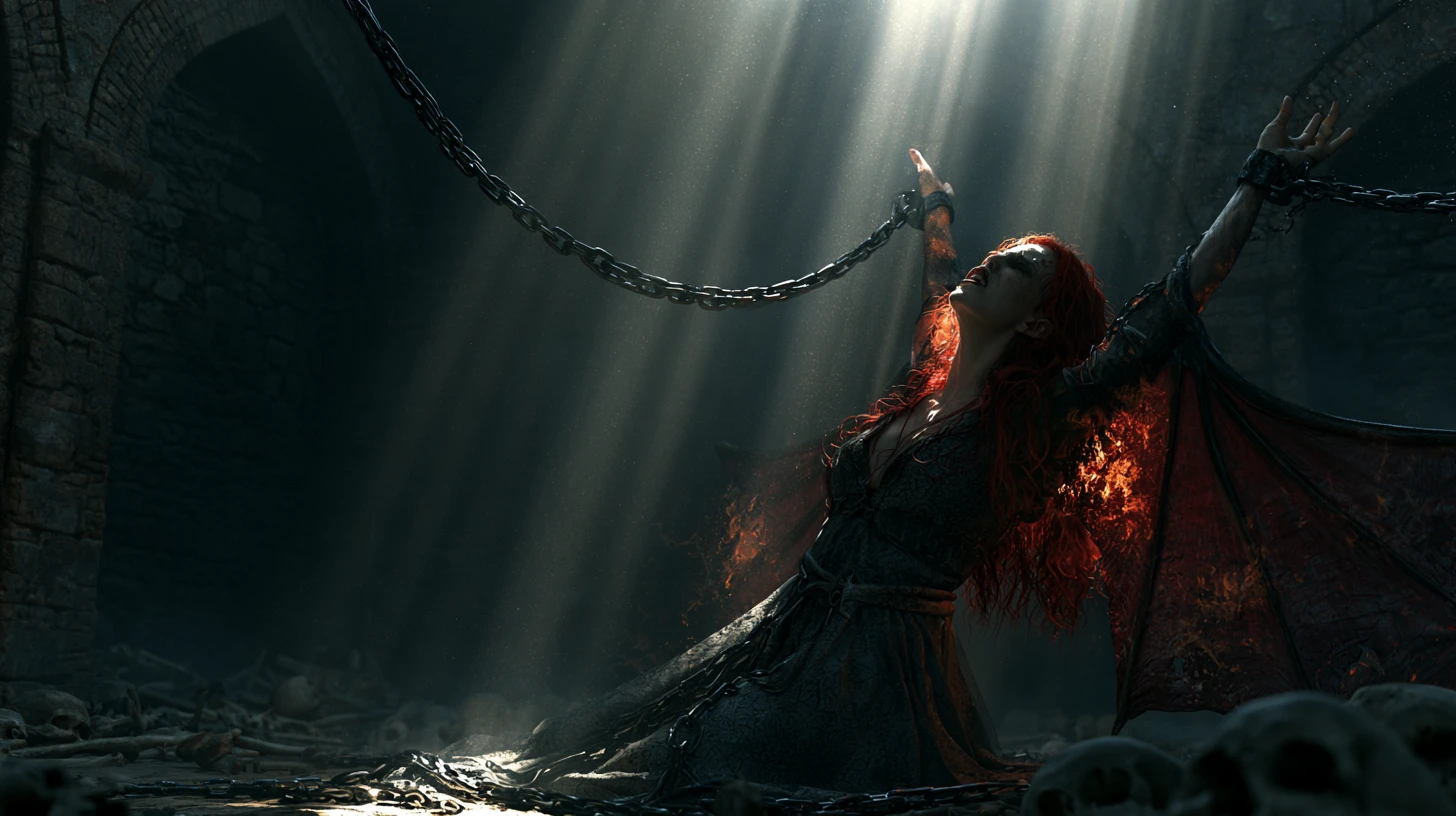 Gothic vampire woman burning in sunlight chained in dungeon