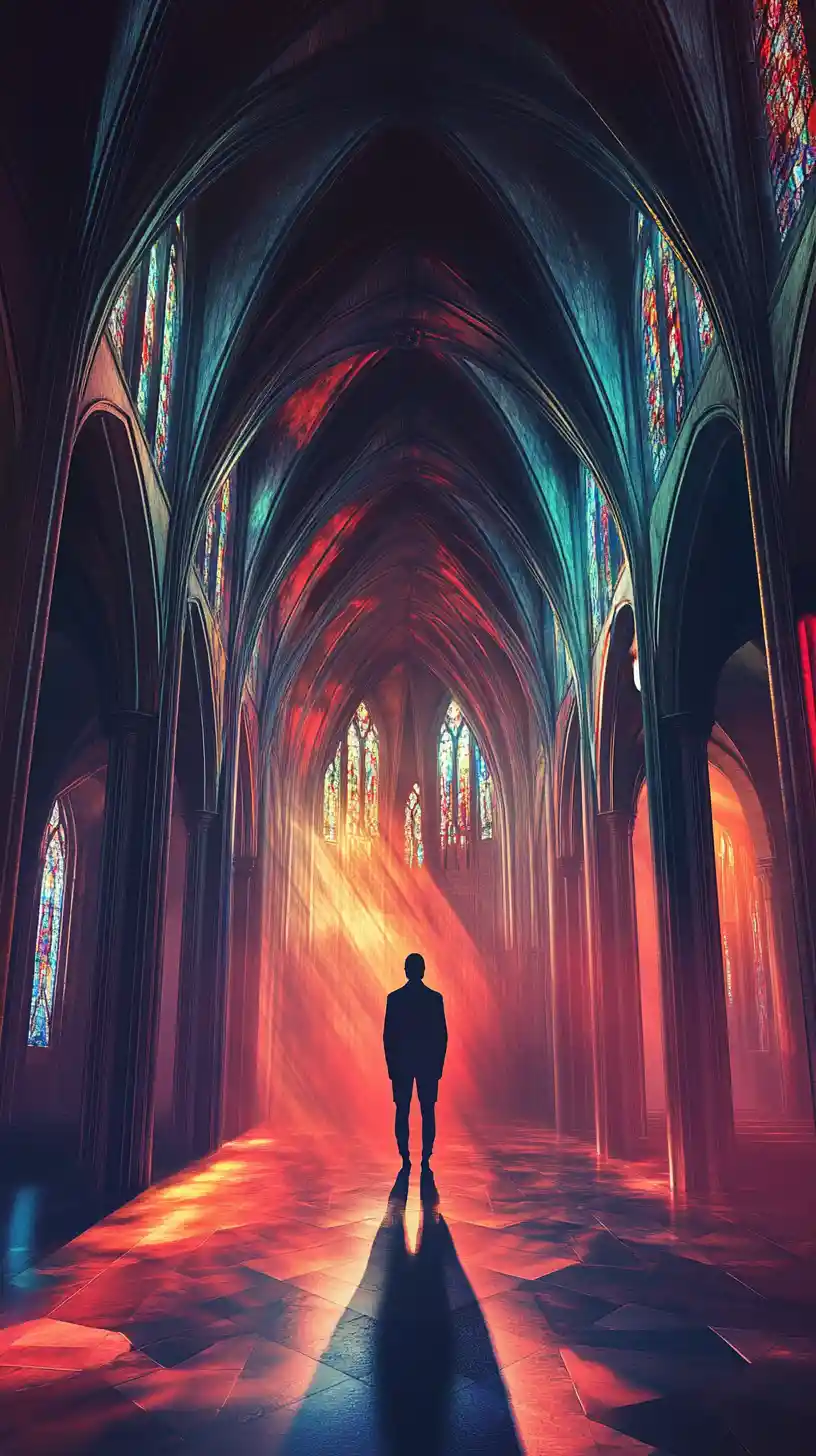 Surreal cathedral interior forming a hidden human silhouette