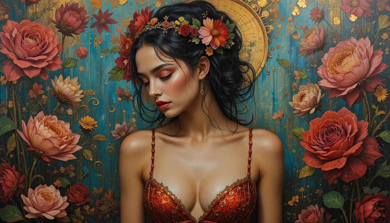 Sensual curvy woman painted in a classical master style