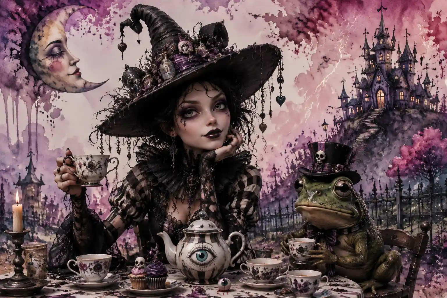 Quirky gothic witch with a frog in a watercolor world