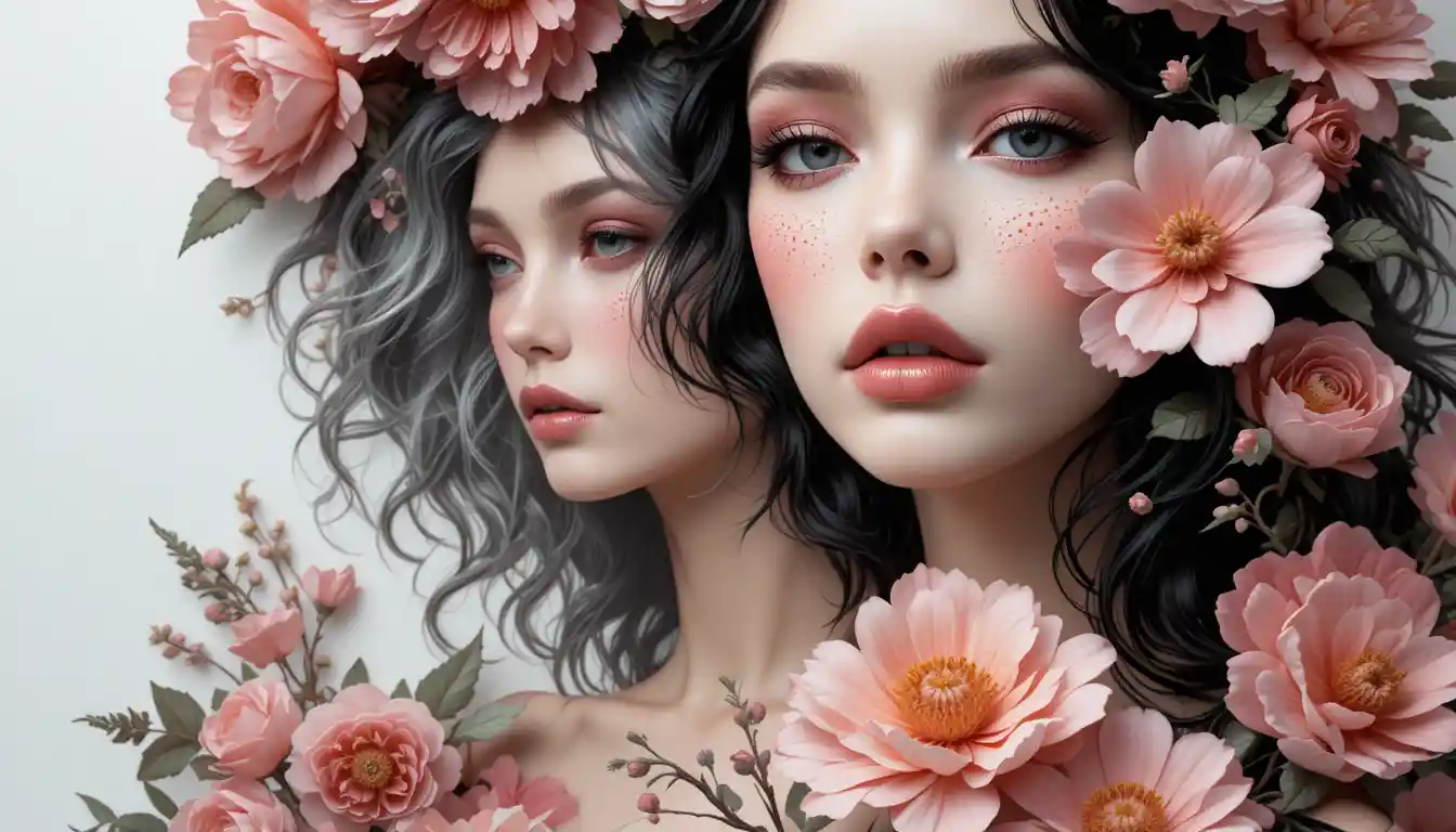 Floral female portrait in paper carving watercolor style