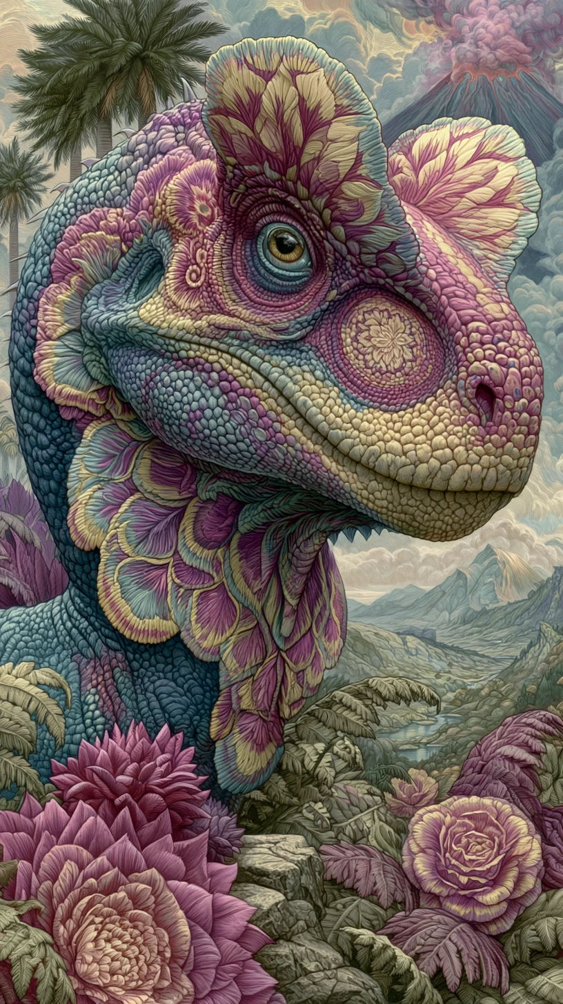 Colorful dilophosaurus in a lush prehistoric landscape