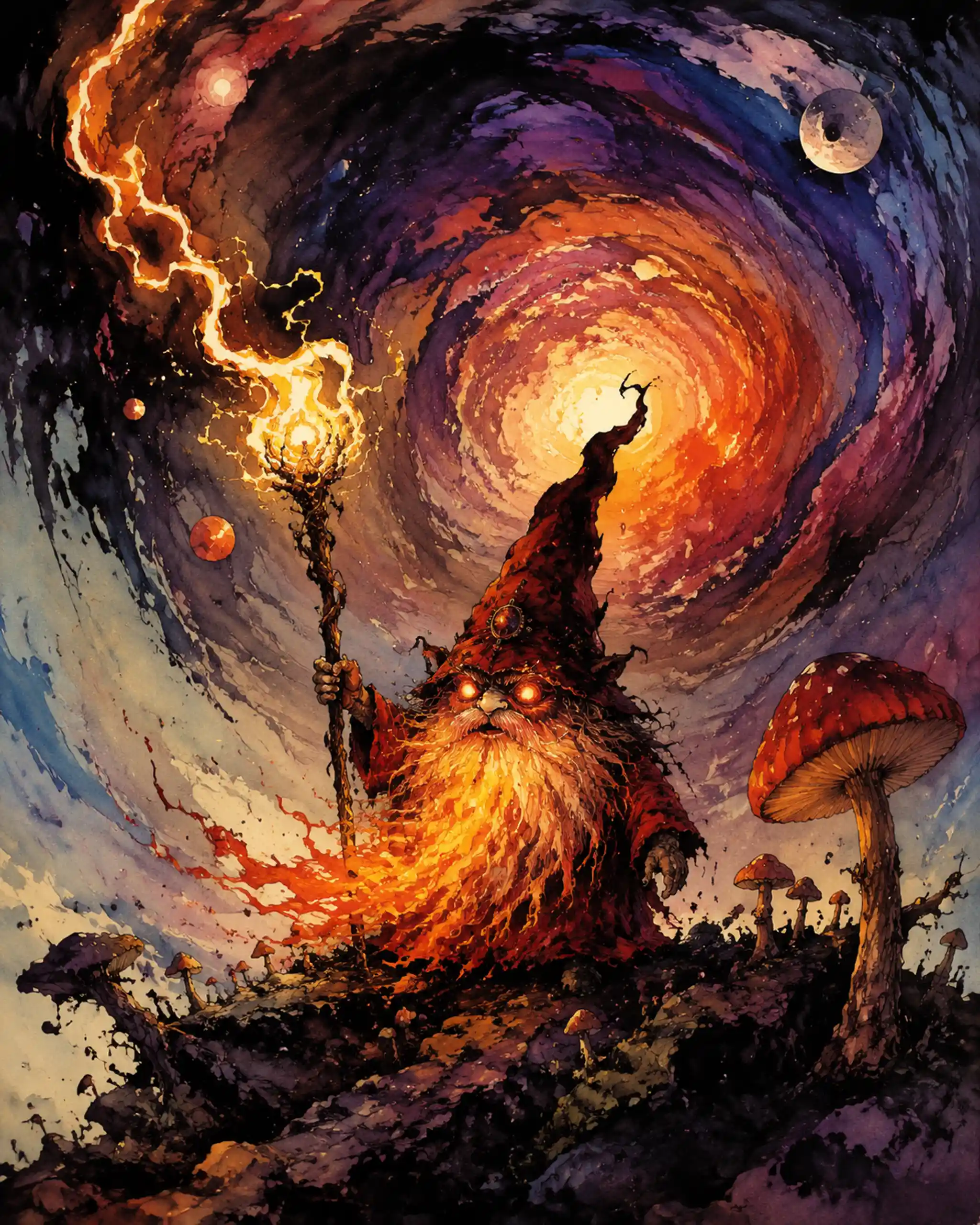Fiery gnome with blazing staff before cosmic vortex