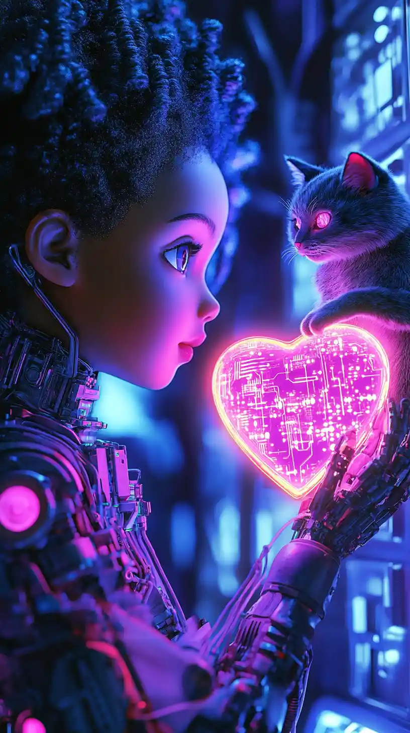 Doll like girl forming a glowing heart with her hand