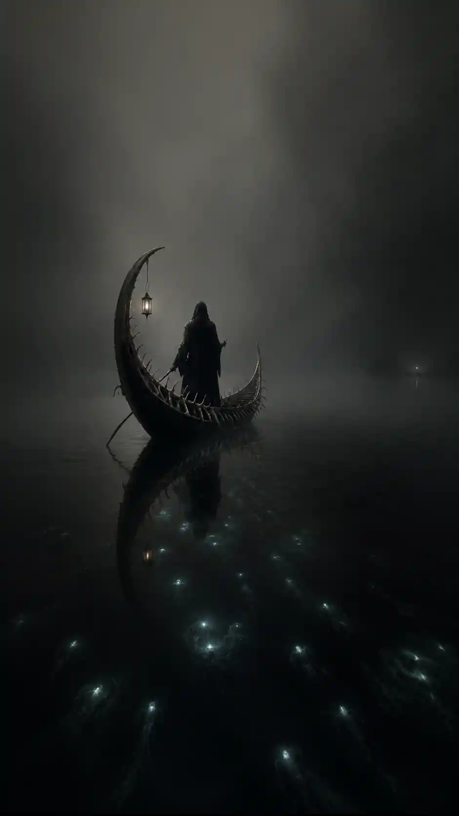 Ferryman crossing a silent black sea in heavy mist