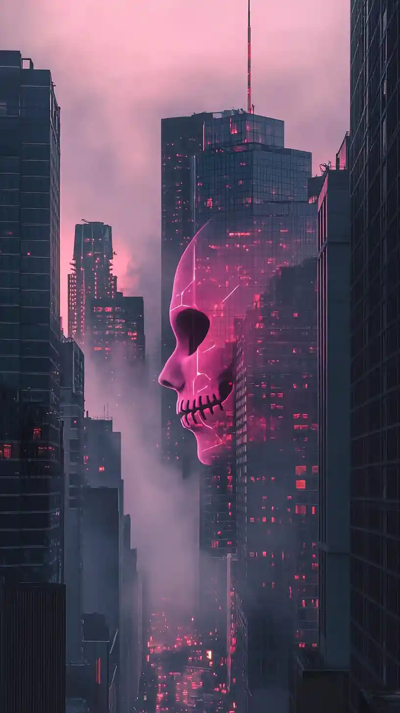 Modern city skyline at dusk with subtle skull silhouette